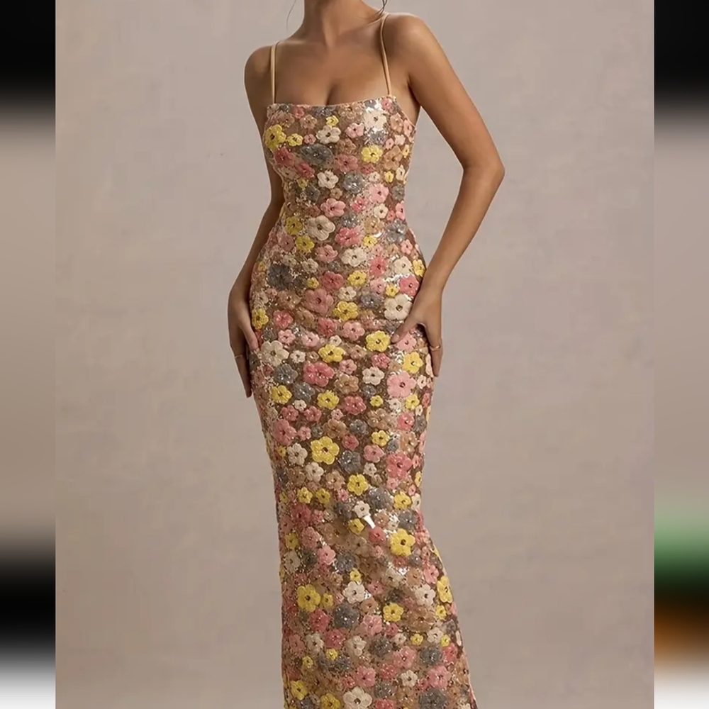 Floral Pattern Sequined Cami Dress, Elegant Backless Sleeveless Split Hem Slim - Picture 2 of 5